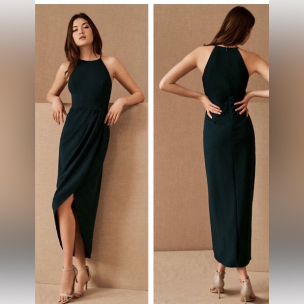 BHLDN Marcela crepe emerald high neck dress. Size 6